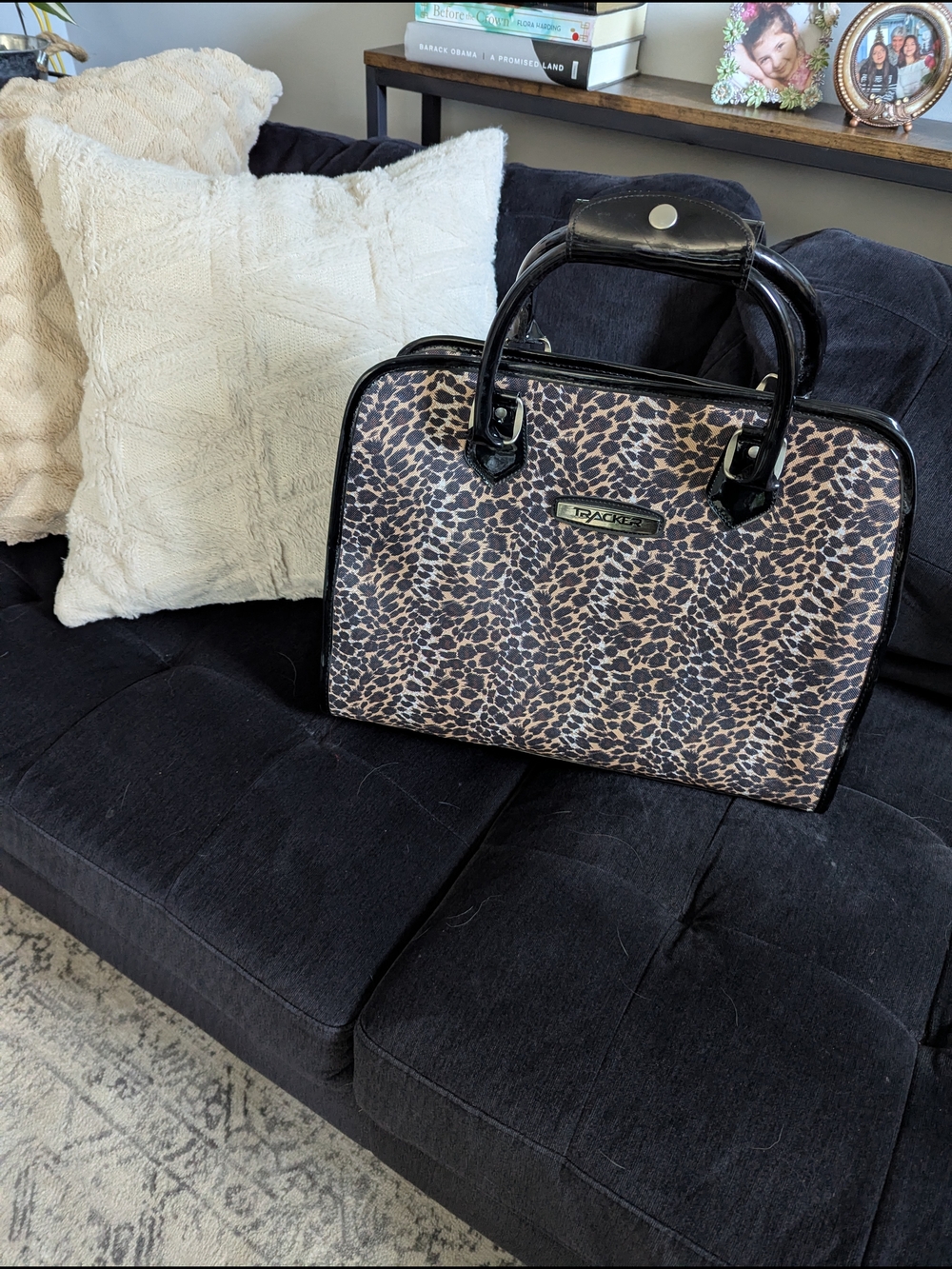 Leopard-Print Tote with Black Patent Handles